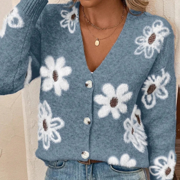Blue Cardigan Knit Flower Textured Button Front Stretchy, Soft - Picture 1 of 5
